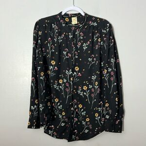 Faded Glory Black Floral Long Sleeve Button Up Blouse Women's L 12/14